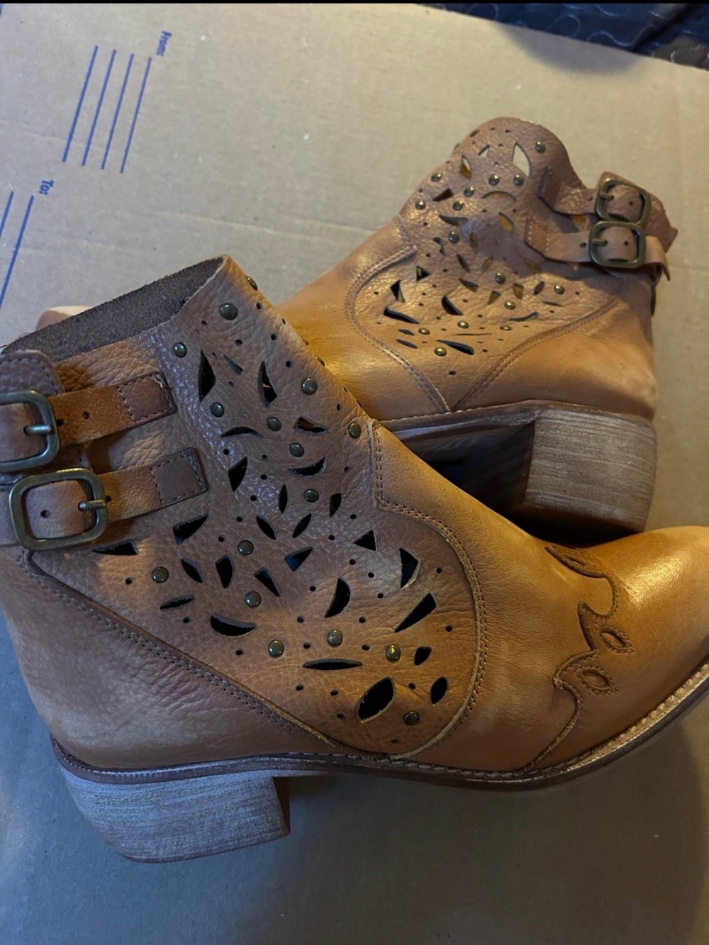 Women’s Tan Cutout Leather Ankle Booties with Buckle Straps
